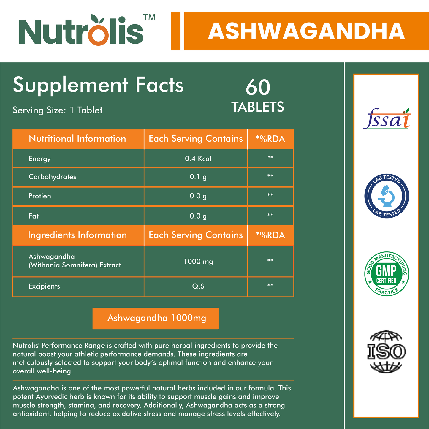 Nutrolis Ashwagandha 1000mg – Natural Stress Relief & Energy Boost Supplement