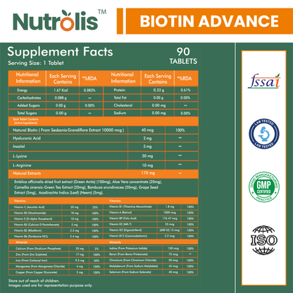 Nutrolis Biotin Advance - Natural Support for Hair, Skin & Nails (90 Tablets)