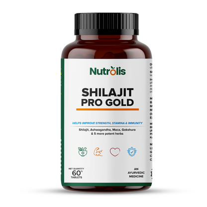 Nutrolis Shilajit Pro Gold | Fortified with 24 Carat Gold, Shilajit, Ashwagandha & Gokshura, For Strength, Stamina & Recovery, 60 Tablets