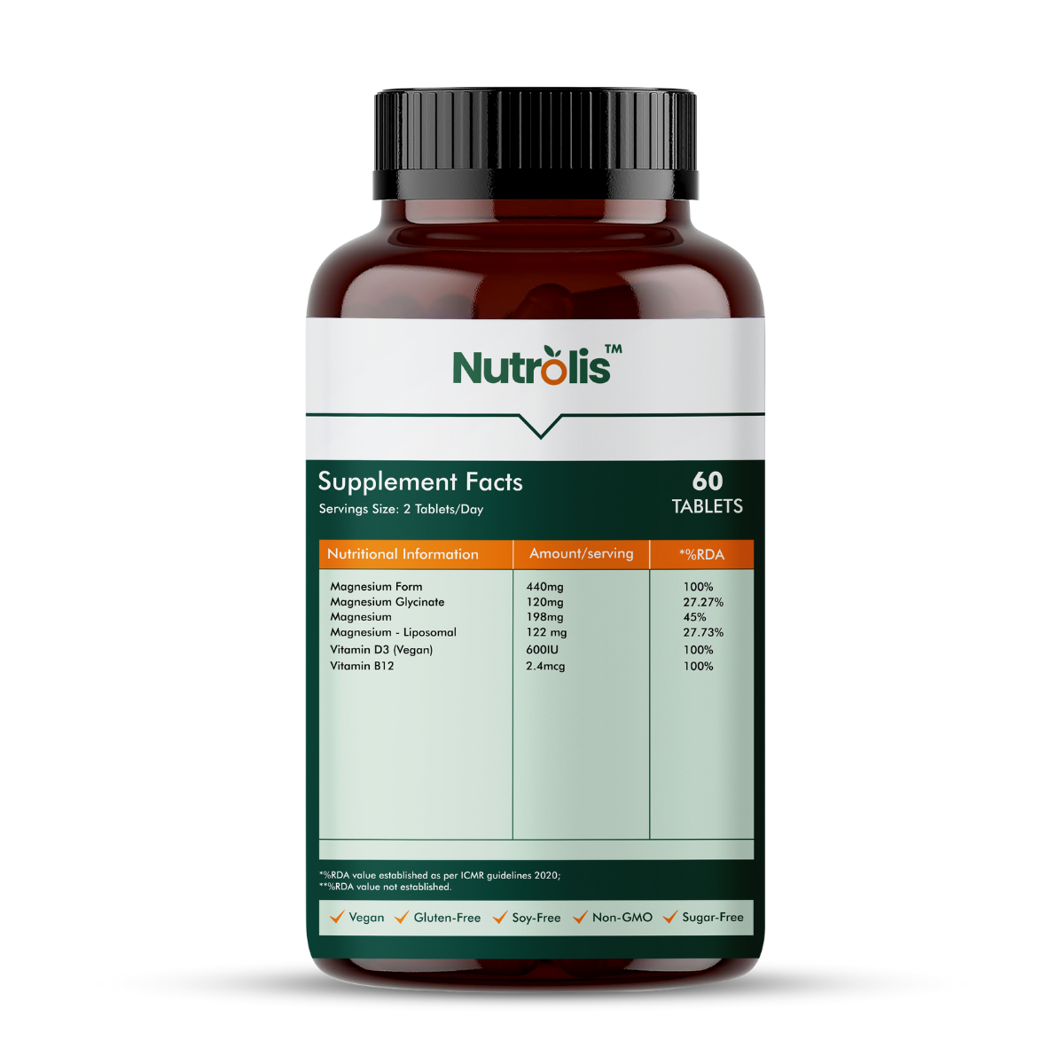 Nutrolis Triple Magnesium 440mg | High Absorption with Vegan D3 & B12