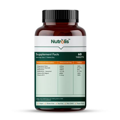 Nutrolis Triple Magnesium 440mg | High Absorption with Vegan D3 & B12