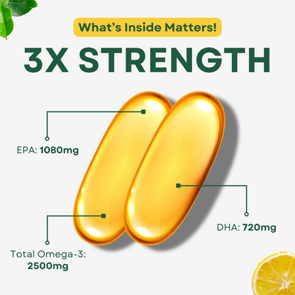 Nutrolis Omega-3 Fish Oil 2500mg – 3X Strength with EPA 1080mg & DHA 720mg – Heart, Joint & Skin Support (60 Softgels, Lemon Flavour)