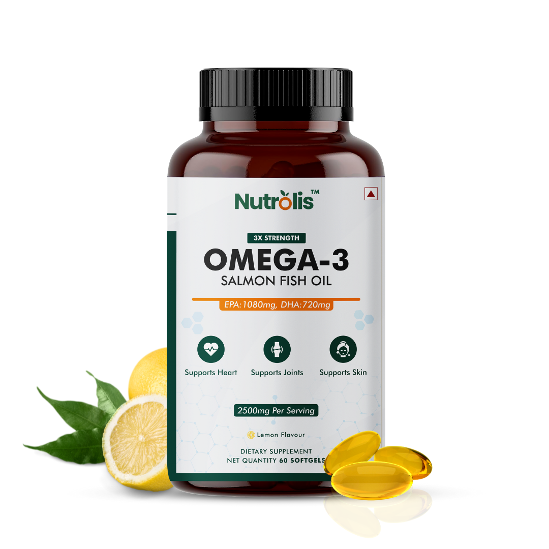 Nutrolis Omega-3 Fish Oil 2500mg – 3X Strength with EPA 1080mg & DHA 720mg – Heart, Joint & Skin Support (60 Softgels, Lemon Flavour)