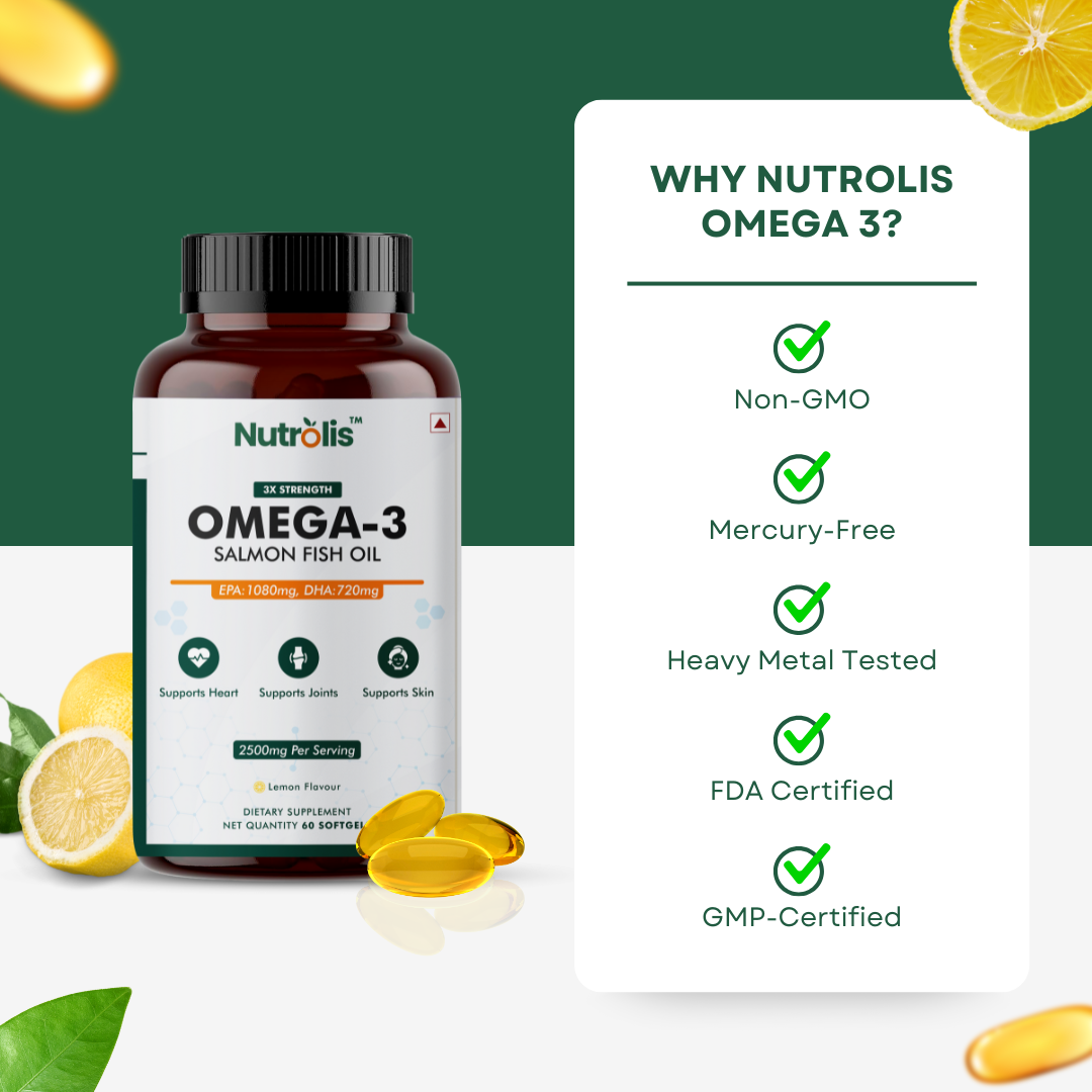 Nutrolis Omega-3 Fish Oil 2500mg – 3X Strength with EPA 1080mg & DHA 720mg – Heart, Joint & Skin Support (60 Softgels, Lemon Flavour)