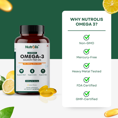 Nutrolis Omega-3 Fish Oil 2500mg – 3X Strength with EPA 1080mg & DHA 720mg – Heart, Joint & Skin Support (60 Softgels, Lemon Flavour)
