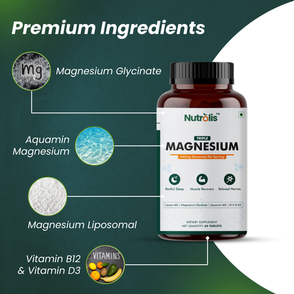 Nutrolis Triple Magnesium 440mg | High Absorption with Vegan D3 & B12